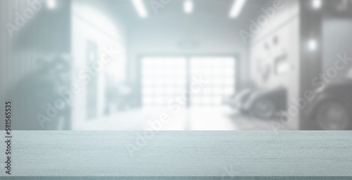 Empty stone table with blurred soft light car factory business background. product display template. Mock up template for display. Business presentation.