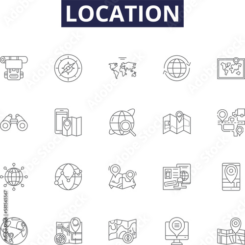 Location line vector icons and signs. Position, Area, Spot, Site, Setting, Region, Realm, Spotting outline vector illustration set