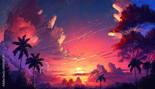 Beautiful and colorful painting of a sunset in thailand
