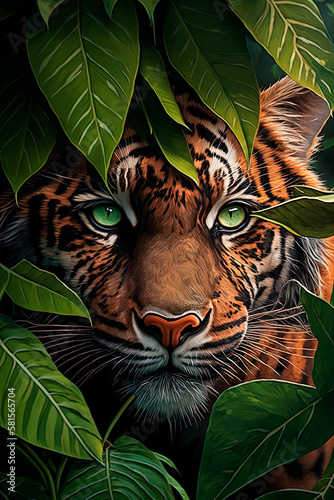 A close up of a tigers face surrounded by leaf. Generative AI