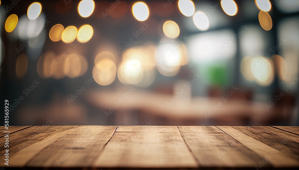 Empty wooden table top with lights bokeh on blur restaurant background. Mock-up banner. Generative AI.
