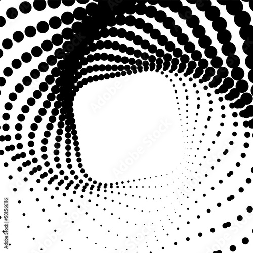 Black circles, square spiral halftone on the white background. Vector illustration.	