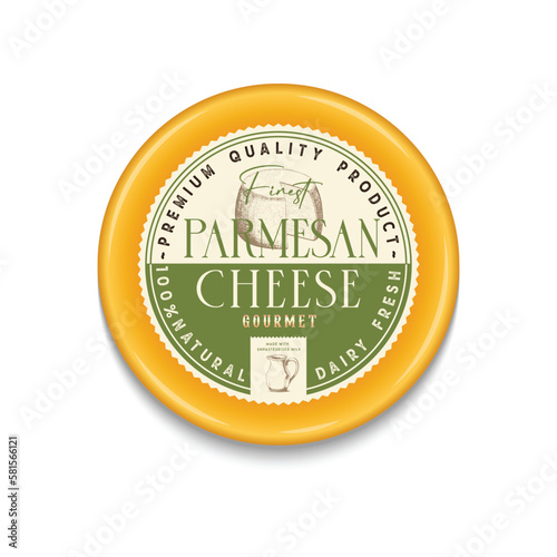 Parmesan Cheese vintage round label and packaging design template. cheese detailed icons. Dairy product illustration for dairies, package and groceries branding.