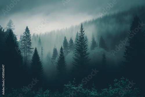 A forest filled with lots of trees covered in fog. AI generated © Inga