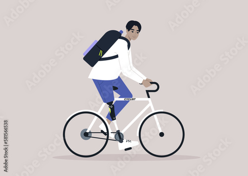 A young male Asian character with a prosthetic leg riding a bike