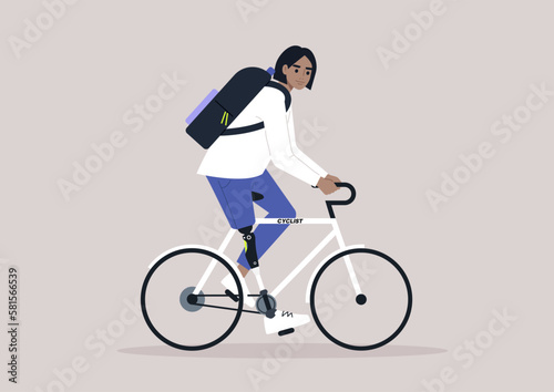 A young female Caucasian character with a prosthetic leg riding a bike