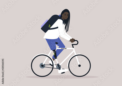 A young female African character with a prosthetic leg riding a bike