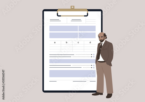 Male bookkeeper dressed in a costume standing next to a tax form that needs to be filled out