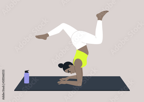 A young female character participating in a yoga vinyasa workshop, a workout designed to improve strength, balance, and flexibility