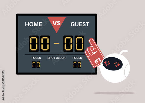 A cute robot cheerleading with a foam finger next to a basketball scoreboard