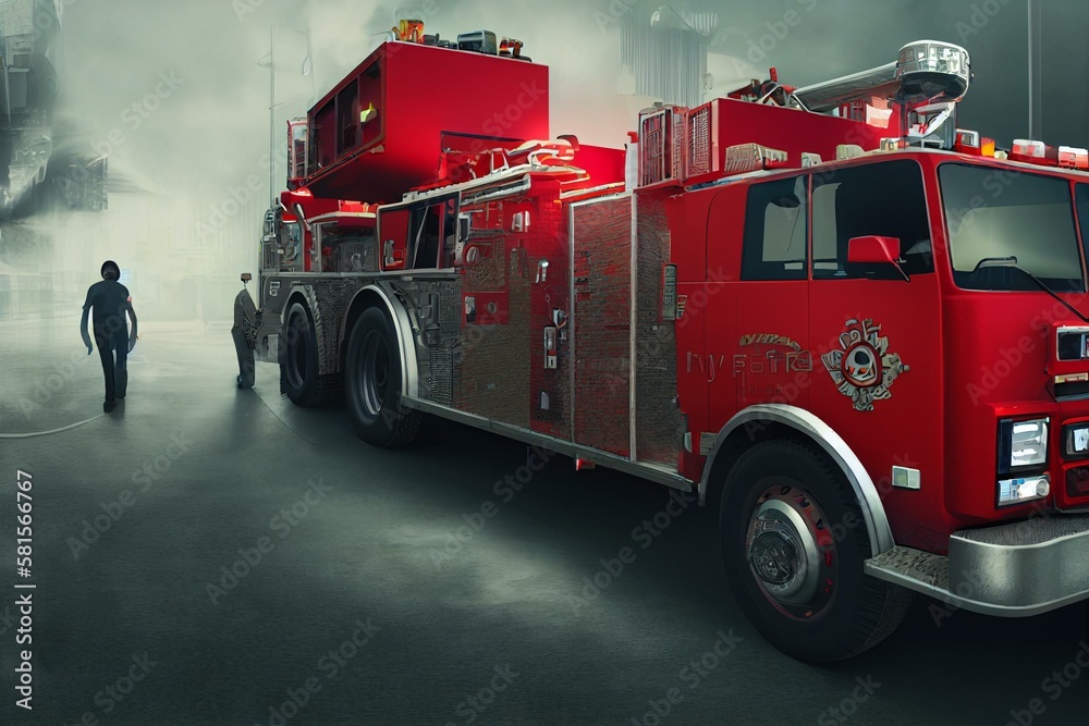 Fire Truck Side View Flat Illustration. Generative AI Stock
