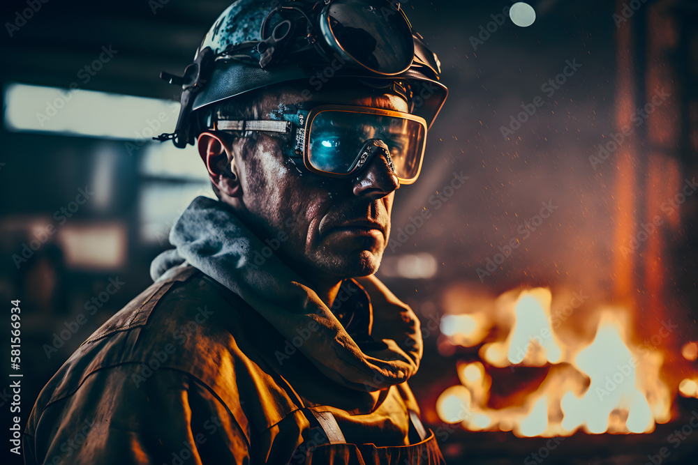 Worker operates at the metallurgical plant. The liquid metal is poured into molds. Worker controlling metal melting in furnaces. Generative AI