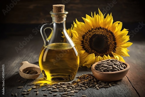 Glass Bottle of Sunflower Oil with Sunflowers and seeds. Generative AI