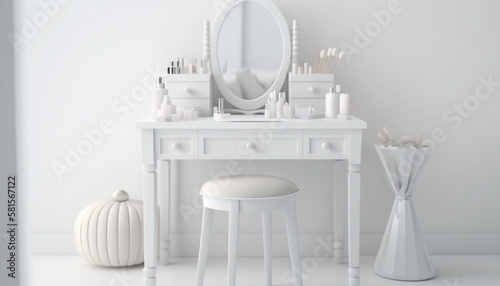 Make up table in white room. Generative AI. © Kostiantyn Muzyka