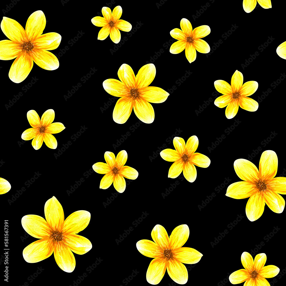 Seamless pattern with flowers. Watercolor abstract bright summer yellow flowers. Isolated objects on black background Seamless pattern with flowers. Watercolor abstract bright summer yellow flowers. Isolated objects on black background