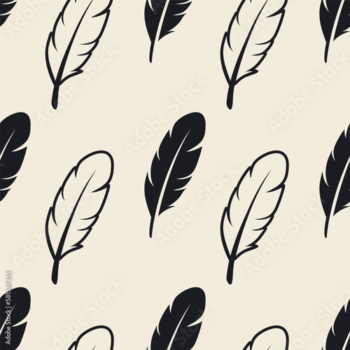 Vector Seamless Pattern with Different Black Fluffy Feather Silhouettes on White Background. Design Template of Flamingo, Angel, Bird Feathers for Wall Paper, Textile. Lightness, Freedom Concept