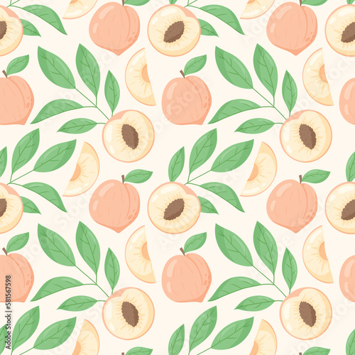 Half of fresh ripe peach or nectarine with pit, whole fruit, twigs with leaves. Vector seamless cartoon pattern.