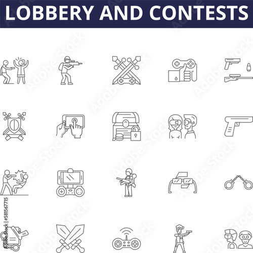 Lobbery and contests line vector icons and signs. Contests, Competition, Promotions, Prizes, Awards, Giveaways, Sweepstakes, Invention outline vector illustration set