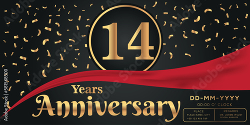 14th years anniversary celebration logo on dark background with golden numbers and golden abstract confetti vector design  