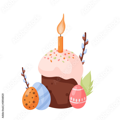 Easter pie with colorful eggs. Easter cake, eggs and willow twigs. Easter cake in cartoon style isolated on a white background.