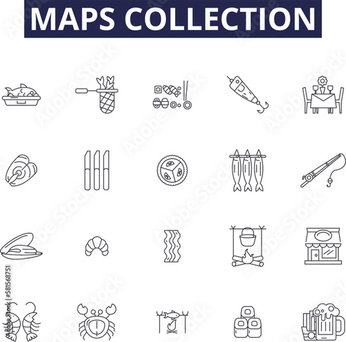 Maps collection line vector icons and signs. Mapping, Atlases, Topography, Geography, Charts, Surveys, Globes, Gazetteers outline vector illustration set