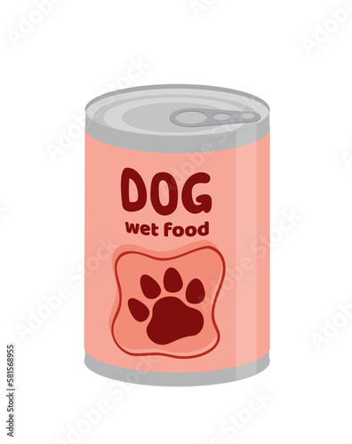 Dog wet food. Canned wet food. Preserve tin, can. Cartoon, flat, vector