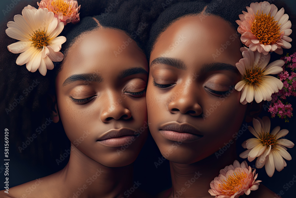 Generative Illustration AI of two black women face to face with flowers in their hair with gesture of love and calm. Artwork,conceptual