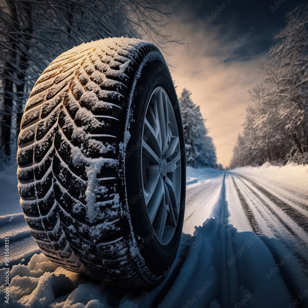 Weather tire running in the snow. Road safety in winter. Generative AI