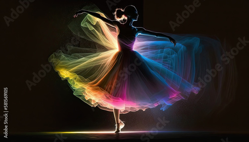Colorful figure of a ballerina on a dark background. Generative AI