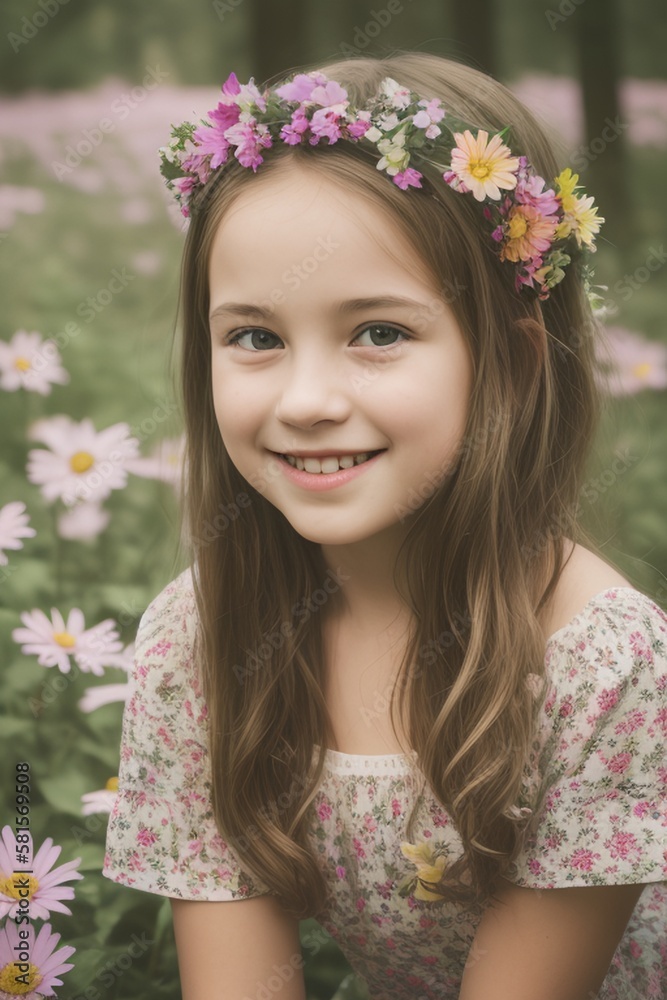 AI Capturing Joy: A Stunning Portrait of a Smiling Girl amidst a Flourishing Floral Forest AI Capturing Joy: A Stunning Portrait of a Smiling Girl amidst a Flourishing Floral Forest