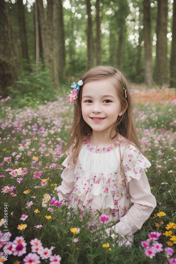 AI Capturing Joy: A Stunning Portrait of a Smiling Girl amidst a Flourishing Floral Forest AI Capturing Joy: A Stunning Portrait of a Smiling Girl amidst a Flourishing Floral Forest
