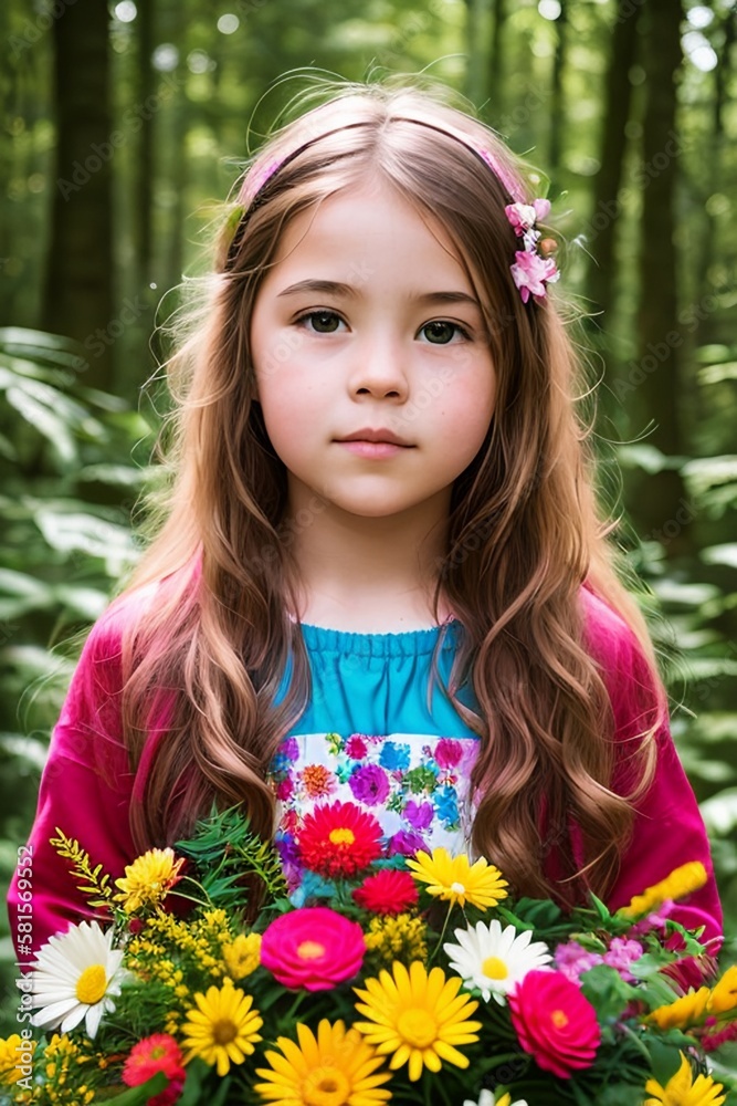 AI Capturing Joy: A Stunning Portrait of a Smiling Girl amidst a Flourishing Floral Forest AI Capturing Joy: A Stunning Portrait of a Smiling Girl amidst a Flourishing Floral Forest