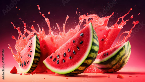 Fresh watermelon slices with splashes of juice. Product shot.