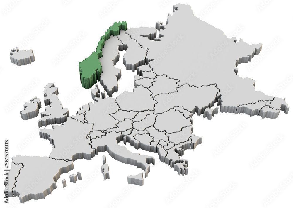 Obraz premium Europe map 3d render isolated with green Norway a European country