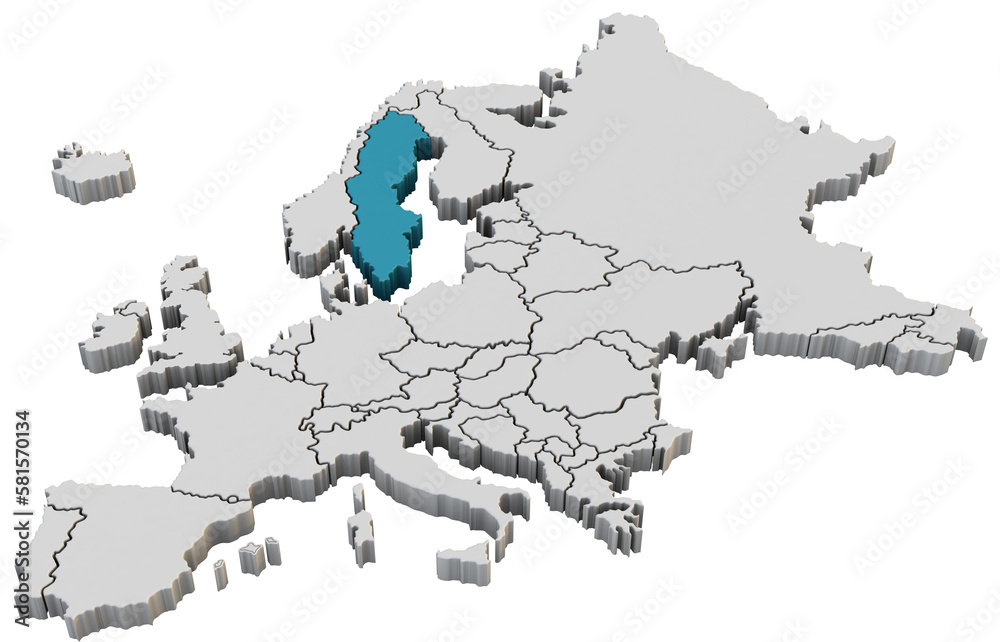 Obraz premium Europe map 3d render isolated with blue Sweden a European country
