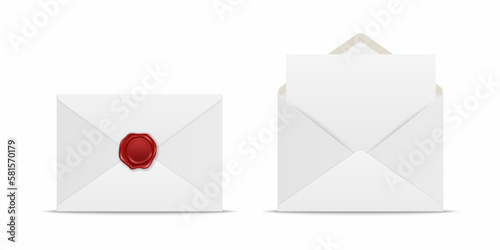 Vector Realistic White Closed Envelope with Red Wax Seal and Opened Envelope with Letter Inside. Folded and Unfolded White Envelope Icon Set Isolated. Message, Alert, Surprise, Secret Concept photo