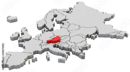 Europe map 3d render isolated with red Austria a European country