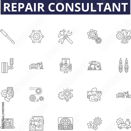 Repair consultant line vector icons and signs. Consultant, Fixer, Technician, Mender, Restorer, Remediate, Mend, Reconstruct outline vector illustration set