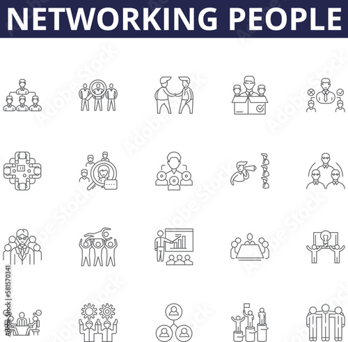 Networking people line vector icons and signs. Networking, Interacting, Associating, Linking, Meeting, Joining, Gathering, Bridging outline vector illustration set