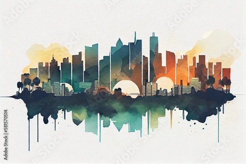 Watercolor Illustration of a Cityscape Minimalistic Flat Design Landscape Illustration. Image For A Wallpaper, Background, Postcard Or Poster. Generative AI