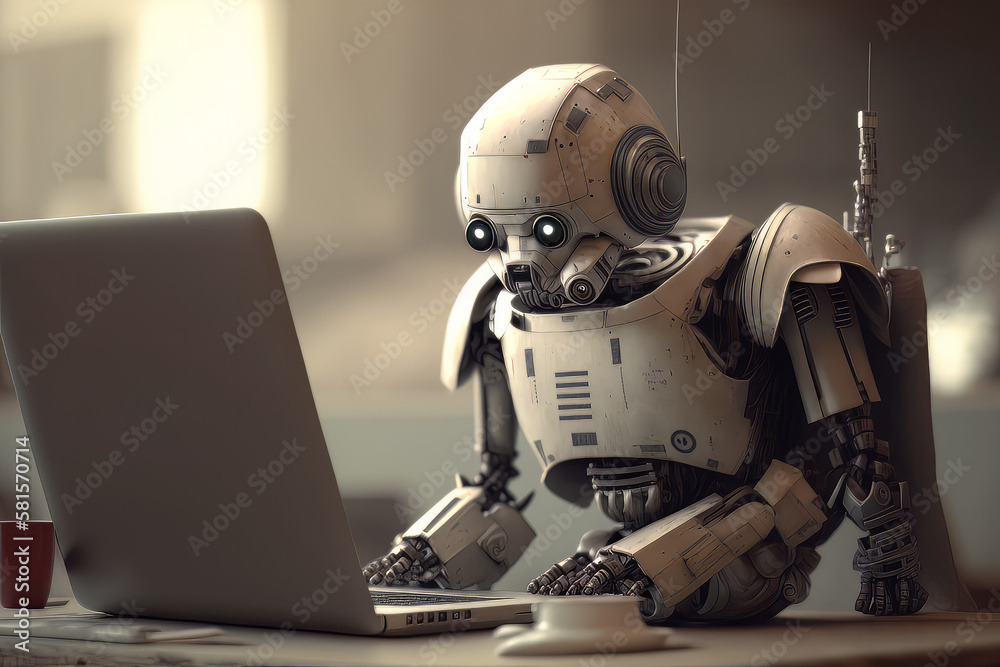 Robot answering questions on a laptop, sci-fi, ai art illustration. Generative ai Robot answering questions on a laptop, sci-fi, ai art illustration. Generative ai