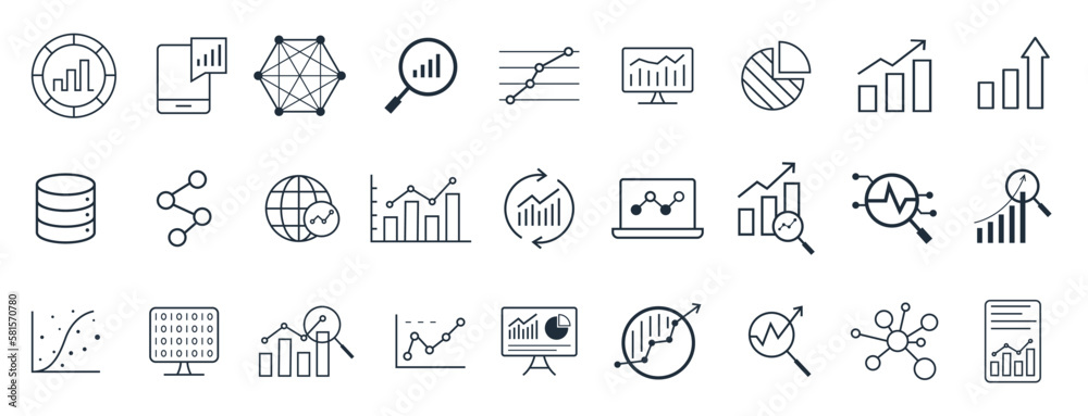 Set of Data Analysis, big data, Graphs, statistics, analytics, growth, chart, and research vector line icon.