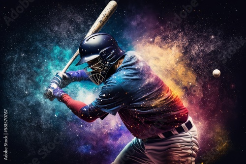 Baseball player striking ball in galaxy universe background. Generative ai © cac_tus