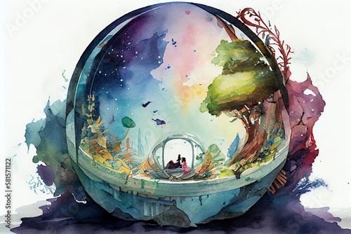 Watercolor Illustration of a Fantasy World Inside A Sleeping Globe Art. Generative AI © Pixel Matrix