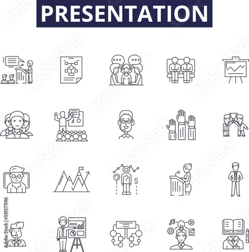 Presentation line vector icons and signs. Speech, Slideshow, Demonstration, Address, Lecture, Discussion, Exhibition, Sermon outline vector illustration set
