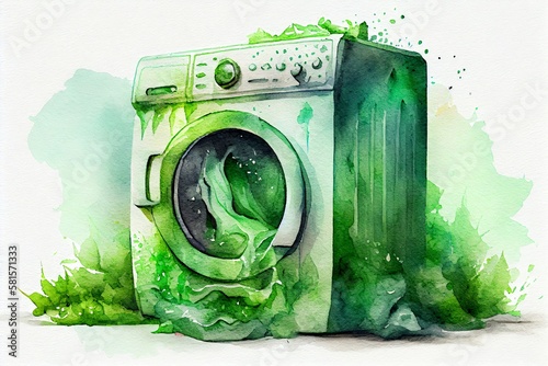 Watercolor Illustration of a Greenwashing Or Green Sheen Concept With Washing Machine. Generative AI photo
