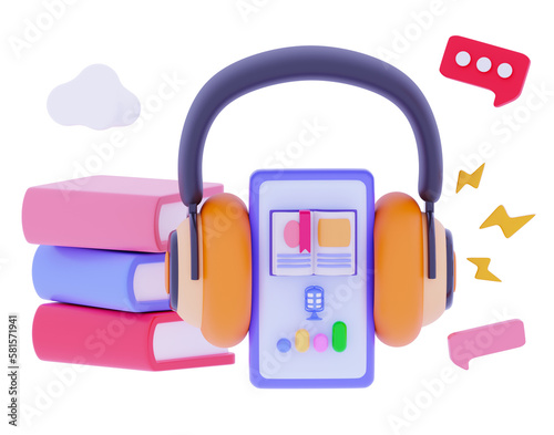 3d icon audio Headphones listening audiobook Smart learning audio lesson Online library, education Podcast concept Books library online Headset Microphone Realistic 3D rendering illustration photo