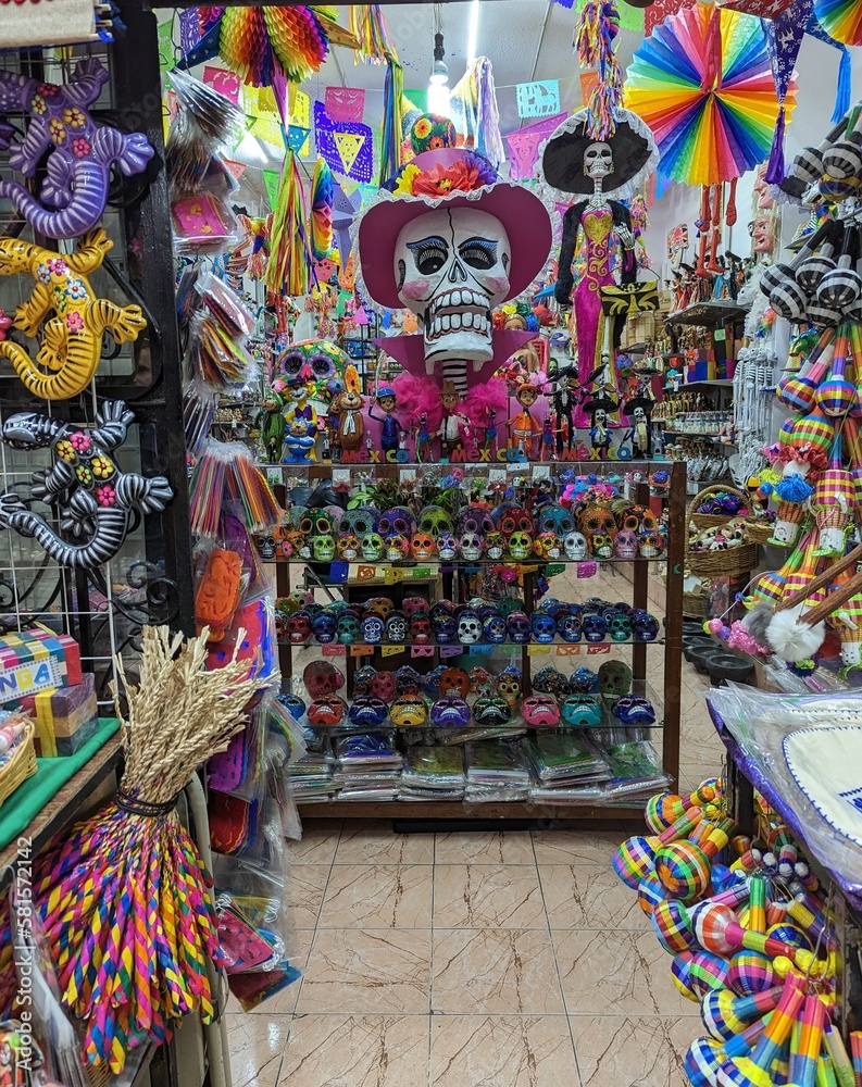 Mexican handicraft skulls store at market in mexico city