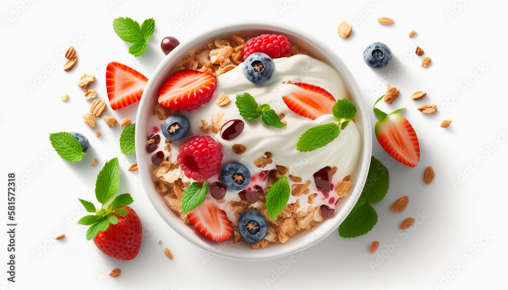 Yogurt with a mixture of berries, strawberries and muesli, isolate on a white background. Generative AI, Yogurt with a mixture of berries, strawberries and muesli, isolate on a white background. Generative AI,