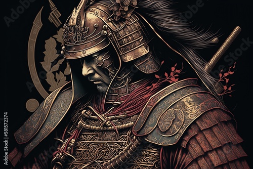 Japanese Samurai Warrior illustration on dark background. Generative AI photo